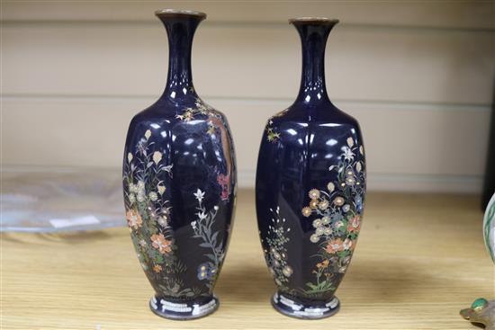 A pair of late 19th century Japanese cloisonne silver wirework vases, H.19cm